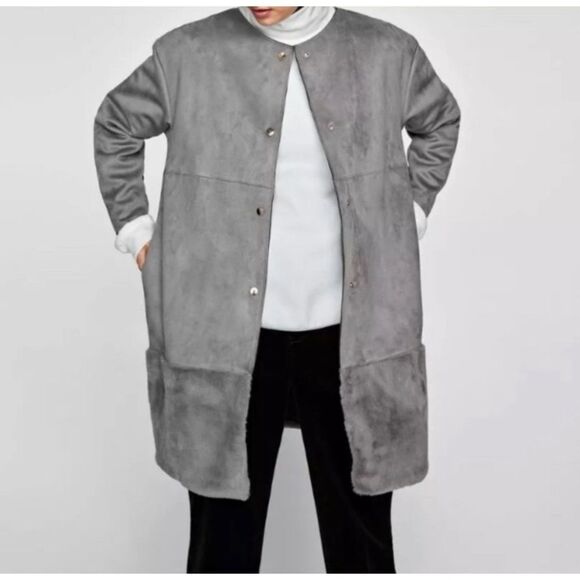 Zara W/B grey suede faux fur trim long coat NWOT - Picture 3 of 12